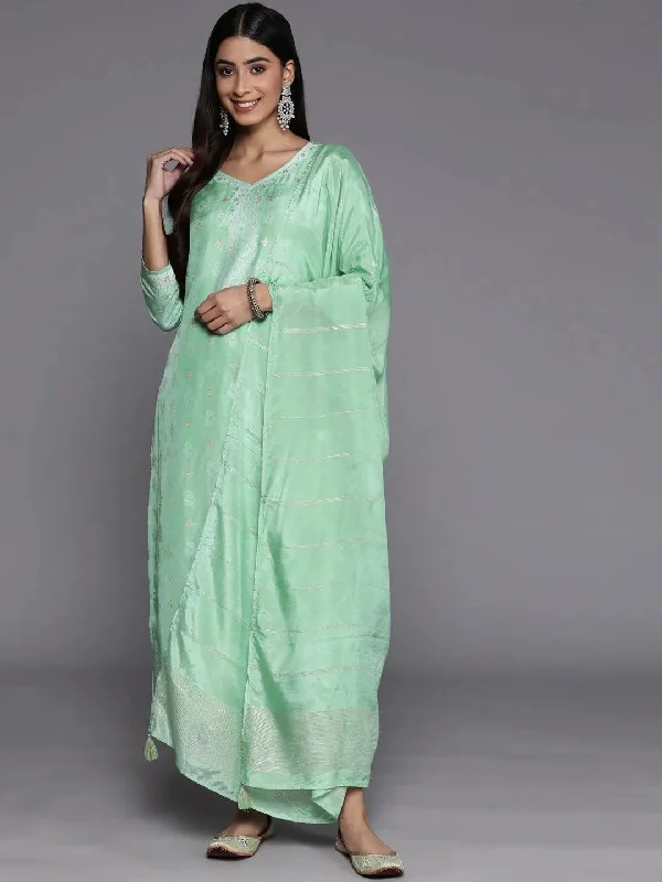 Green Self Design Silk Blend Straight Kurta With Trousers & Dupatta