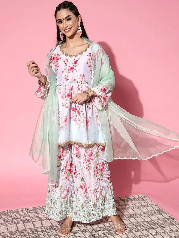 Grey Printed Satin Anarkali Sharara Suit Set With Dupatta