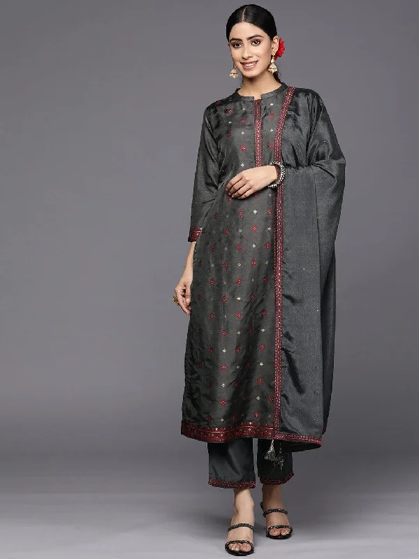 Grey Self Design Silk Blend Straight Kurta With Trousers & Dupatta