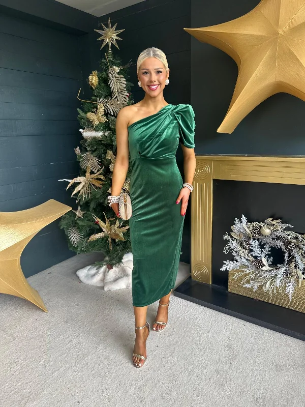 Katie One Shoulder Velvet Occasion Dress Green