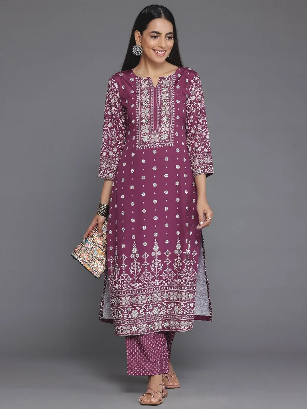 Maroon Printed Poly Crepe Straight Kurta Set