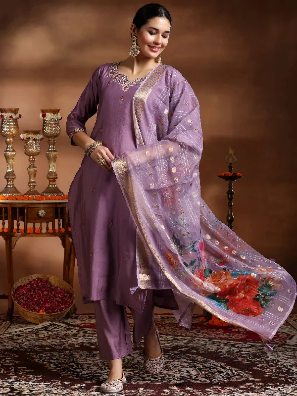 Mauve Embroidered Silk Blend Straight Suit With Dupatta