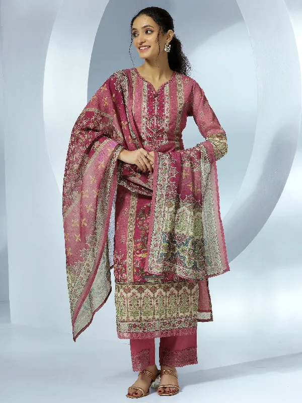 Mauve Printed Linen Straight Suit With Dupatta