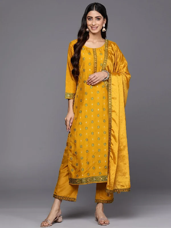 Mustard Self Design Silk Blend Straight Kurta With Trousers & Dupatta