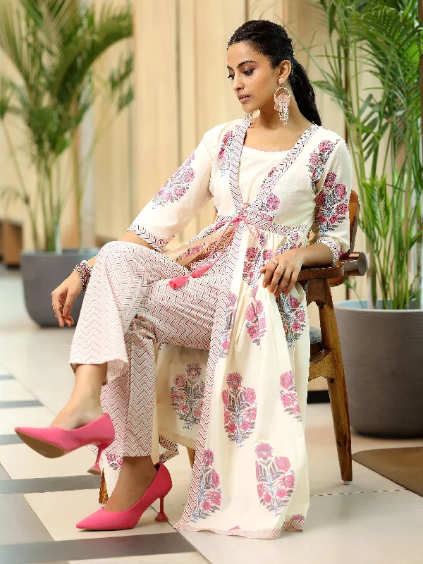 Off white Printed Cotton Straight Kurta Set