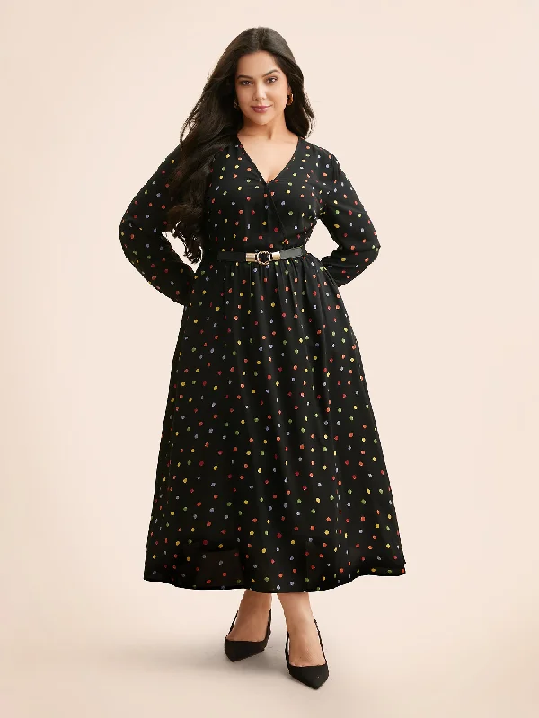 Overlap Collar Color Polka Dot Dress