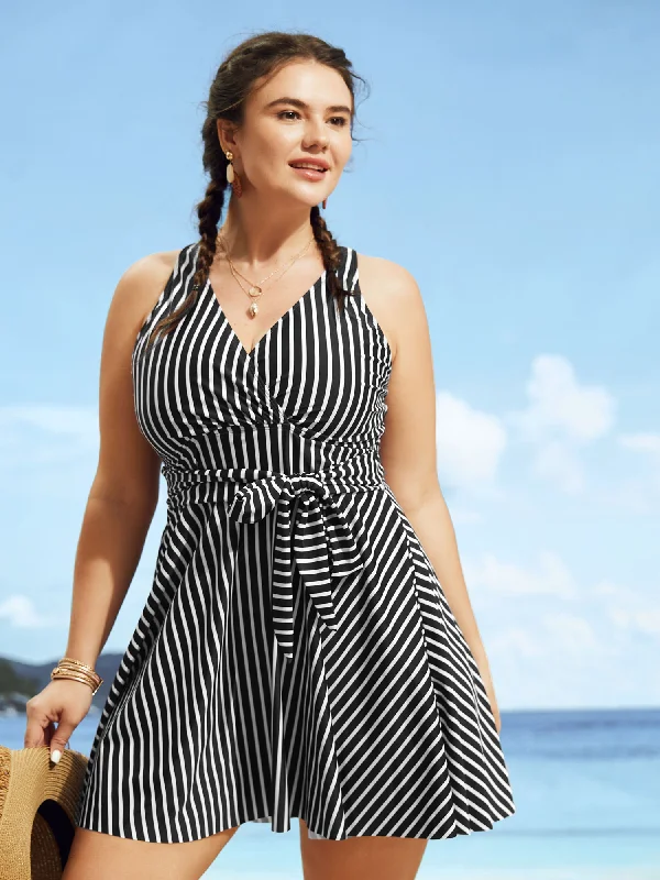 Overlap Collar Striped Tie Knot Swim Dress