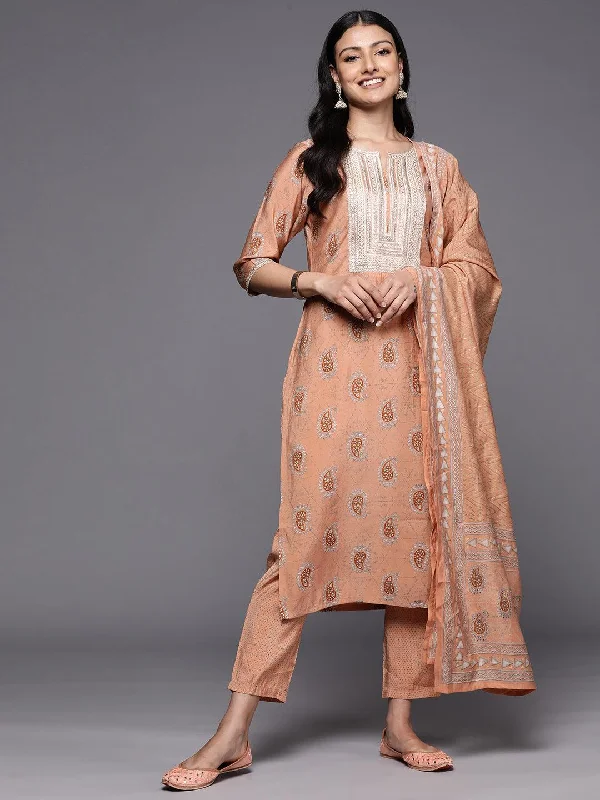 Peach Yoke Design Silk Blend Straight Kurta With Trousers & Dupatta