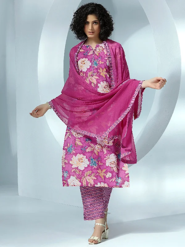 Pink Printed Cotton Straight Suit With Dupatta