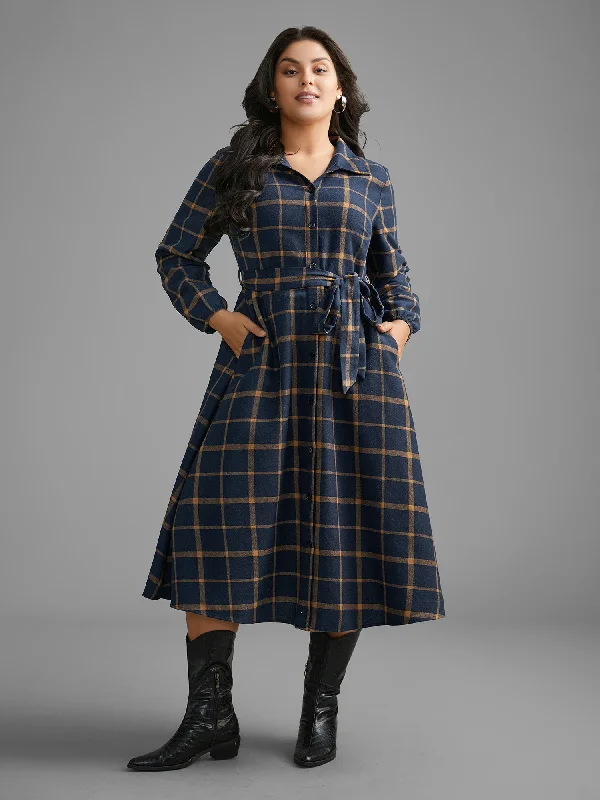 Plaid Button Through Belted Dress