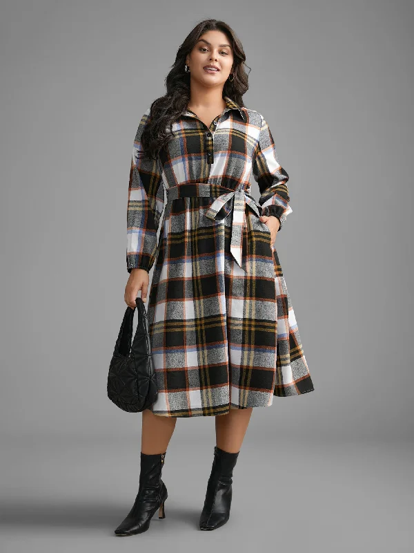 Plaid Button Up Belted Knit Dress