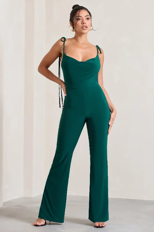 Pose | Bottle Green Cowl-Neck Strappy Flared-Leg Jumpsuit