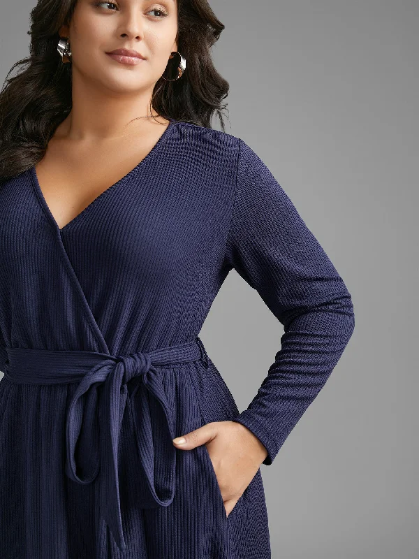 Solid Overlap Collar Belted Knit Dress