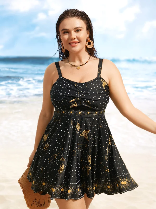 Star & Sun Print Heart Neckline Crossover Swim Dress