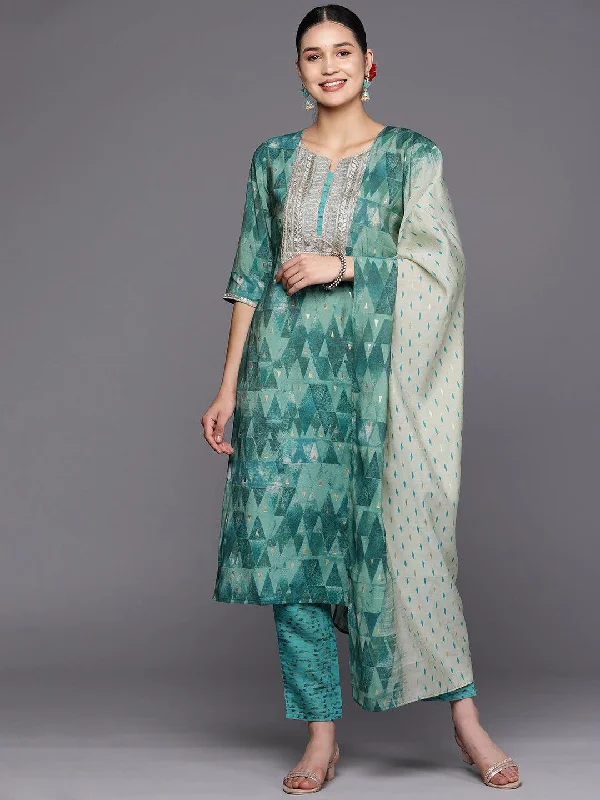 Teal Yoke Design Silk Blend Straight Kurta With Trousers & Dupatta