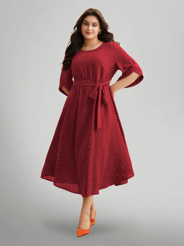 Textured Bell Sleeve Belted Arc Hem Dress