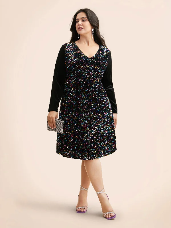 V Neck Sequin Patchwork Dress