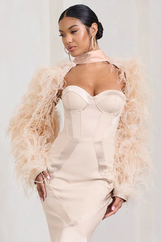 Wild | Champagne Satin Jacket With Long Feather Sleeves