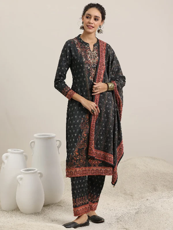 Grey Printed Wool Blend Straight Suit With Dupatta