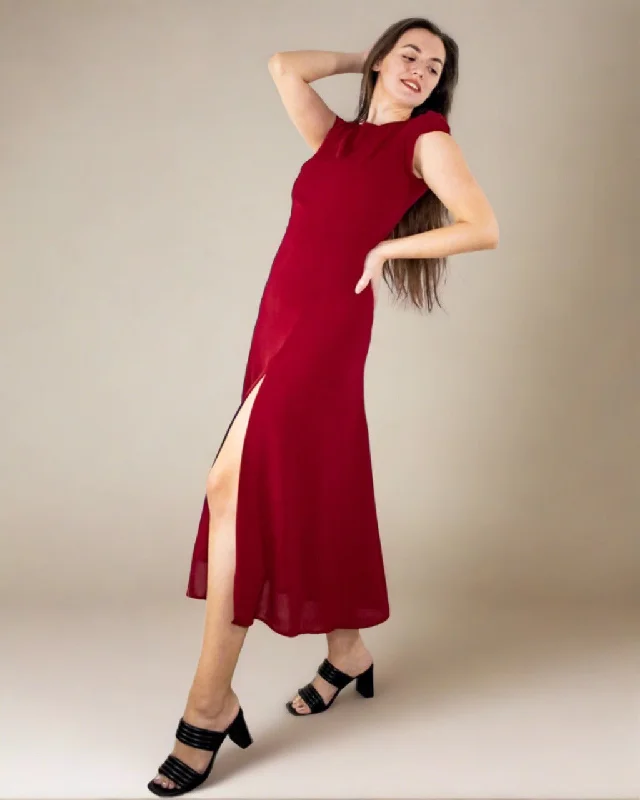 Adia Midi Red Dress with Thigh Slit