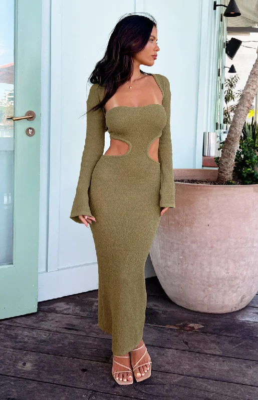 Alba Khaki Long Sleeve Knit Midi Dress