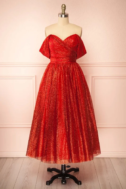 Anastriana Red | Sparkly Off-Shoulder Midi Dress