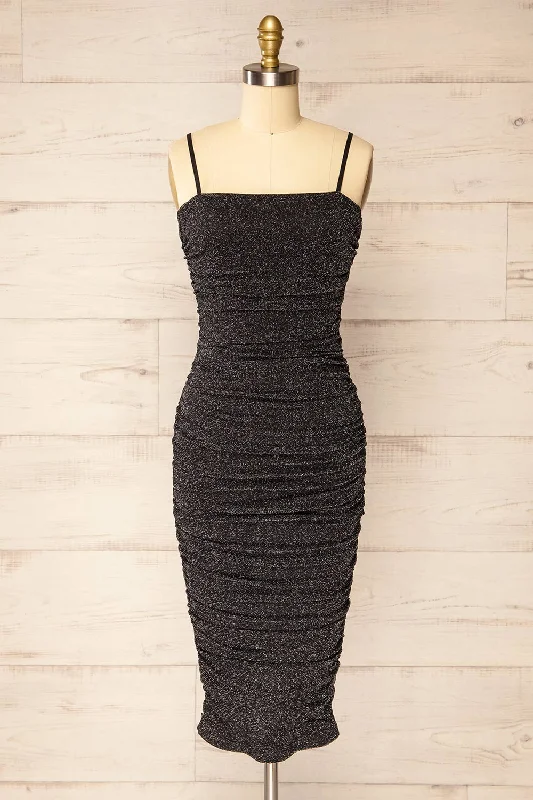 Baku Black | Fitted Ruched Sparkly Midi Dress