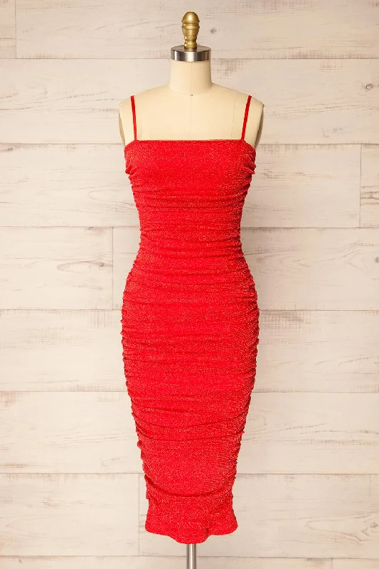 Baku Red | Fitted Ruched Sparkly Midi Dress