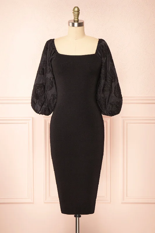 Calixta | Black Midi Dress w/ Textured Sleeves