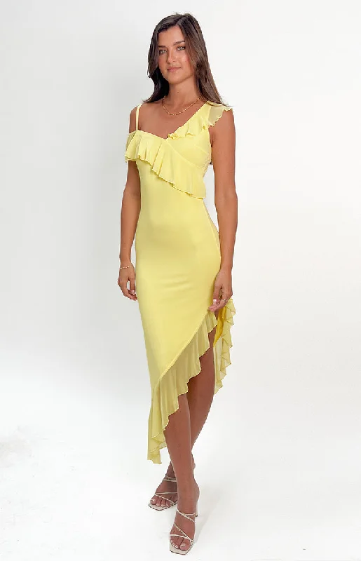 Everleene Yellow Ruffle Mesh Midi Dress