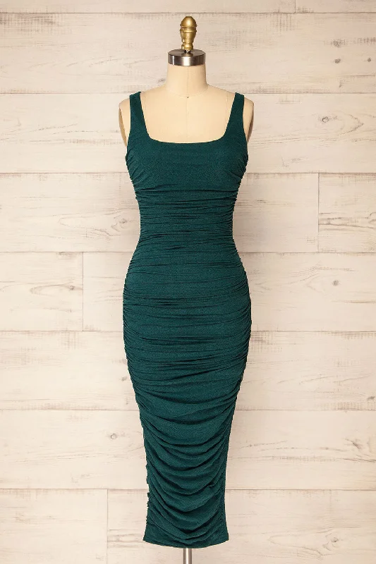 Fecho Green | Fitted Ruched Midi Dress