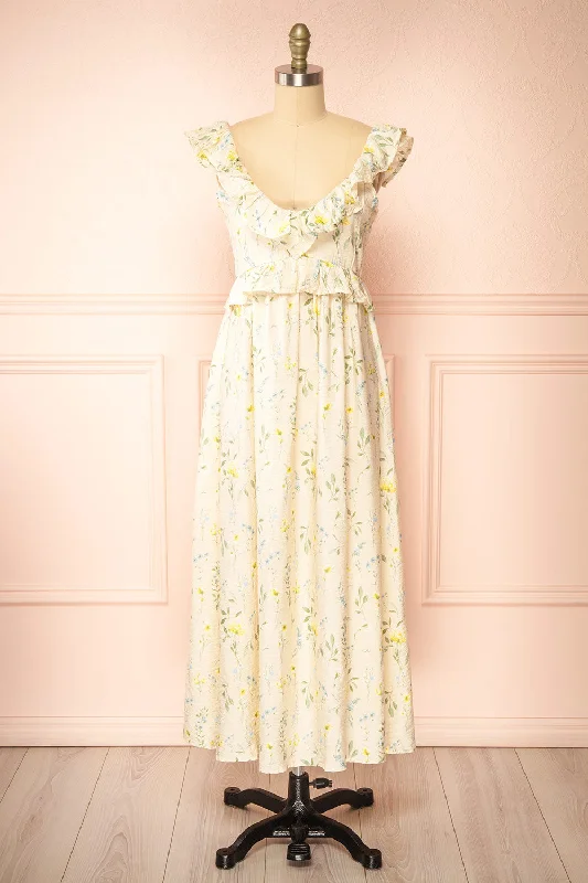 Lazdah | Beige Silky Midi Dress w/ Floral Pattern