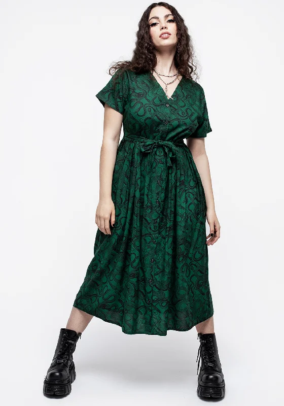 Ophidia Snake Print Button Up Midi Dress - Green