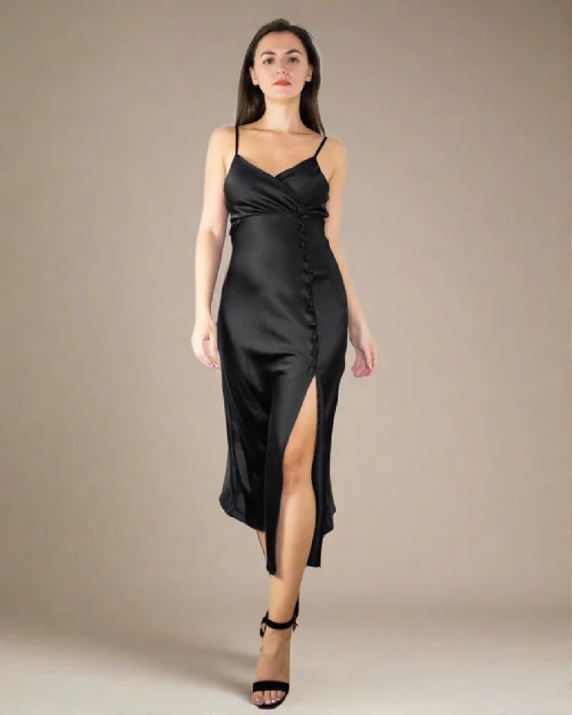 Rae Midi Black Evening Dress with Slit