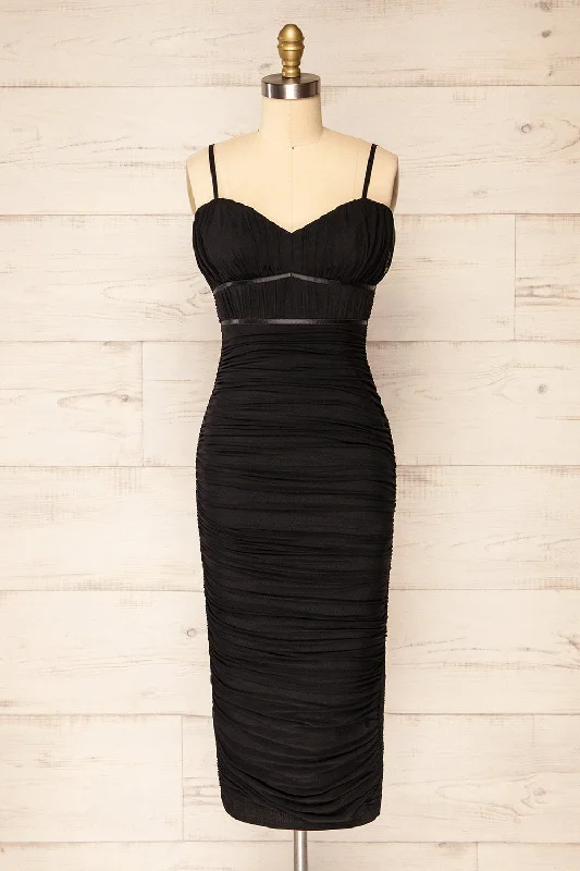 Rilievo | Black Ruched Fitted Midi Dress