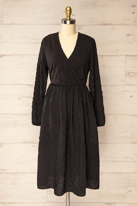 Swindon | Black Chiffon Midi Dress w/ Sleeves