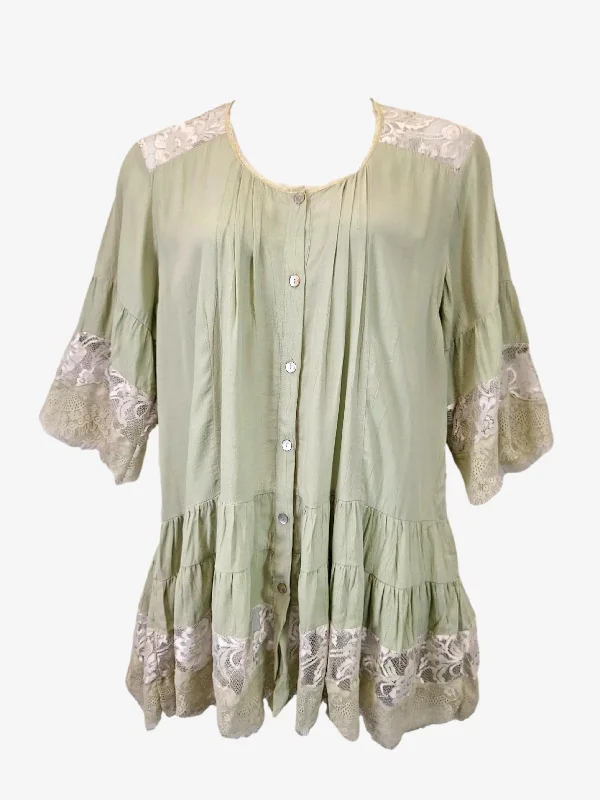 By Ridley Boho Sage Lace Trim Mini Dress Size M