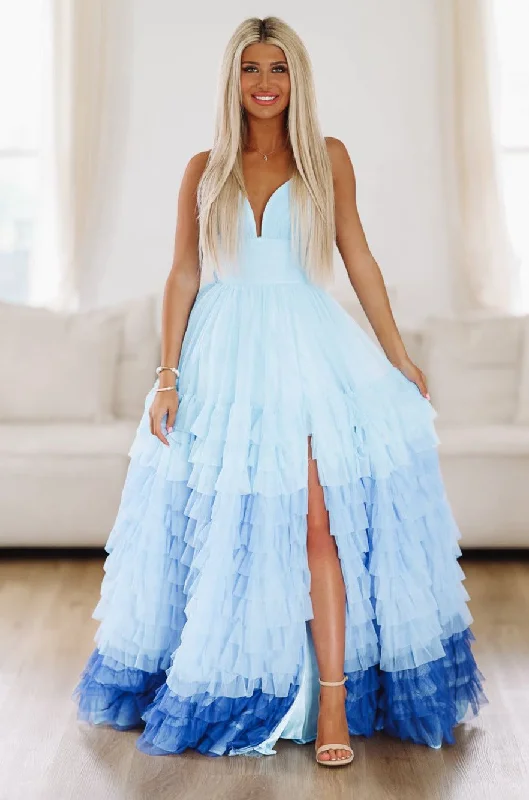 Purely Romantic Ombre Ruffle Tiered Maxi Gown - Light Blue