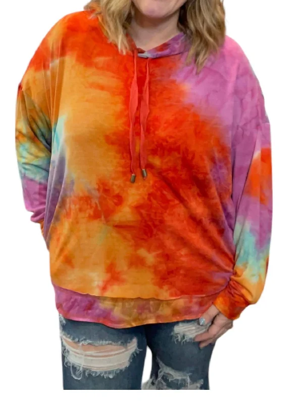 Bright Tie Dye Pullover Hoodie In Orange