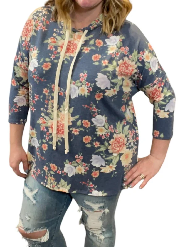 Floral 3/4 Sleeve Hoodie In Navy