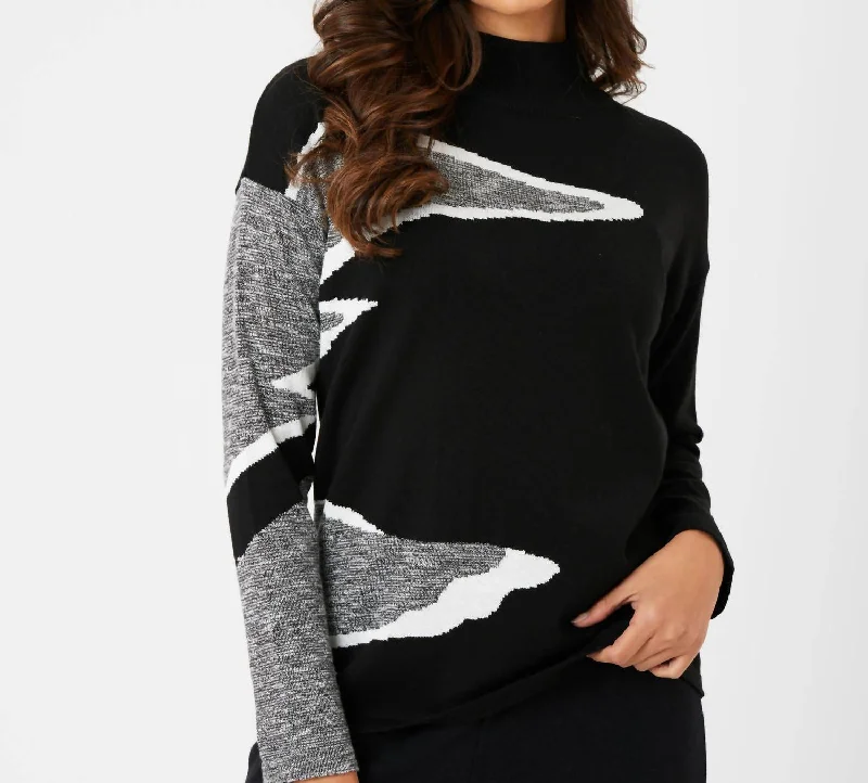 Long Sleeve Mock Neck Top In Black/ivory