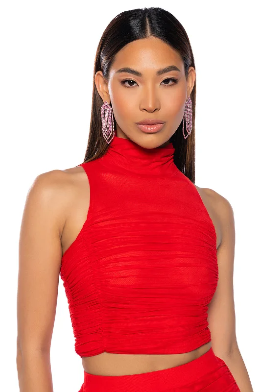 MORA MOCK NECK MESH TOP IN RED