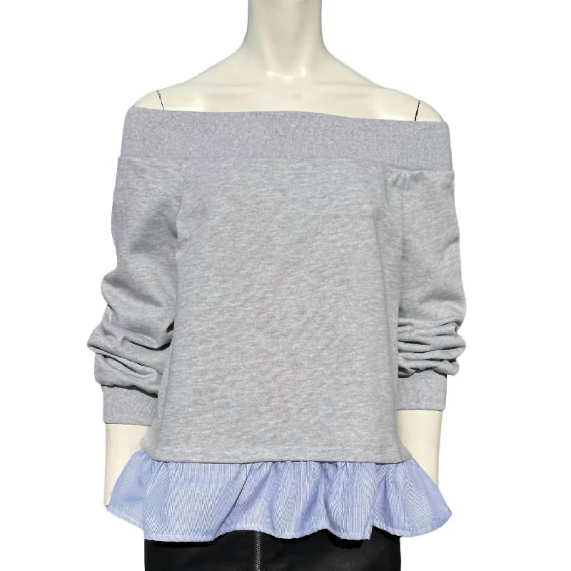 Off The Shoulder Sweatshirt In Grey, Blue And White Pinstripe