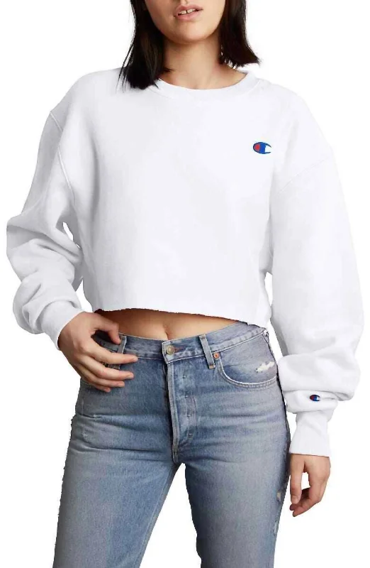 Reverse Weave Cropped Cut Off Crew Raw Hem Sweatshirt In White