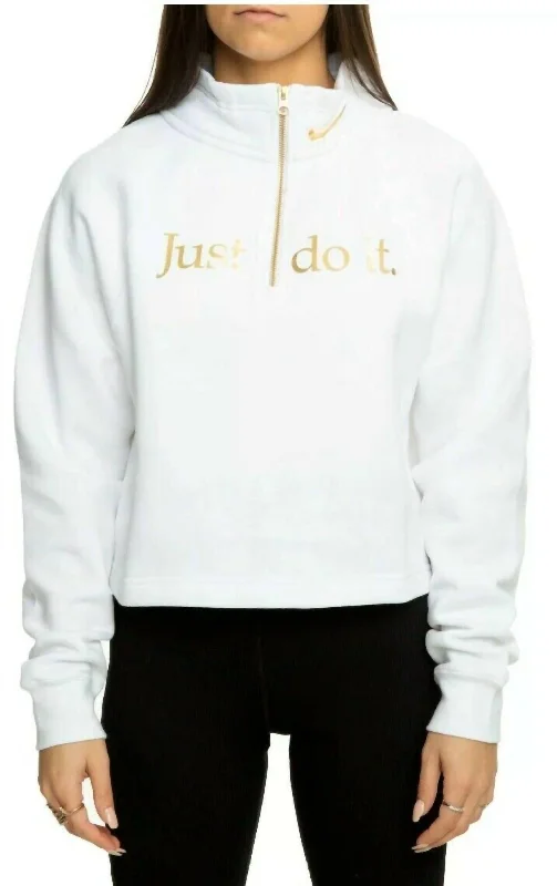 Shine Quarter Zip Crop Pullover Funnel Neck Sweatshirt In White