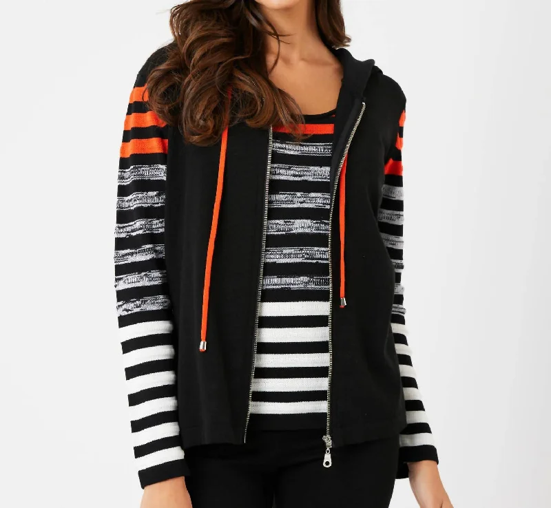 Stripe Sleeve Zip Hoodie In Black/coral