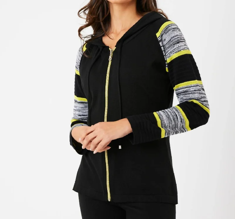 Stripe Sleeve Zip Up Hoodie In Black/lime