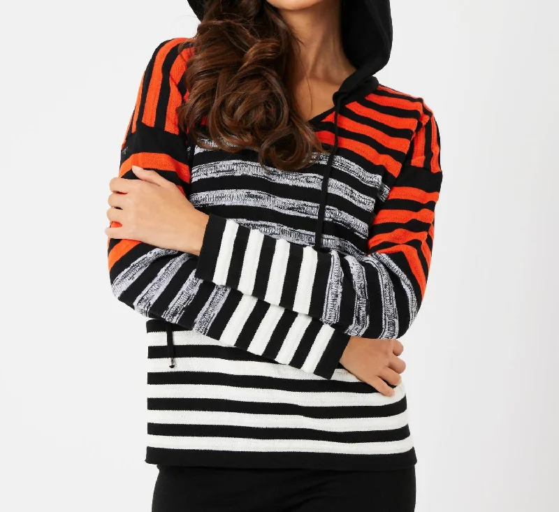 Stripe V-Neck Hoodie In Coral/multi