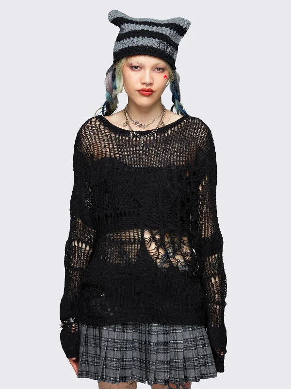 Arachne Black Distressed Knit Jumper