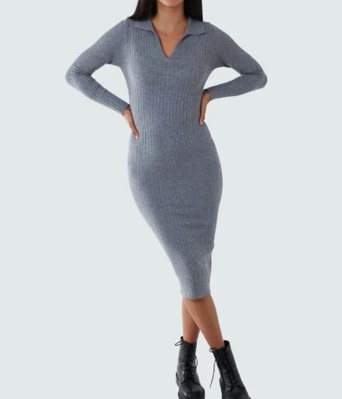 Grey Ribbed Collar Knitted Midi Dress